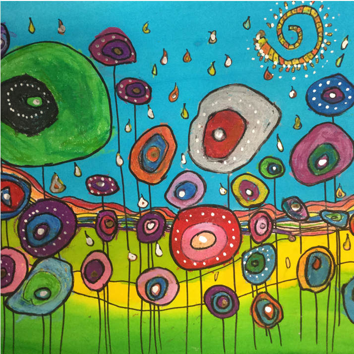 Colourful abstract painting of circular flower-like shapes on tall stems across a landscape, with raindrop shapes falling from a blue sky.