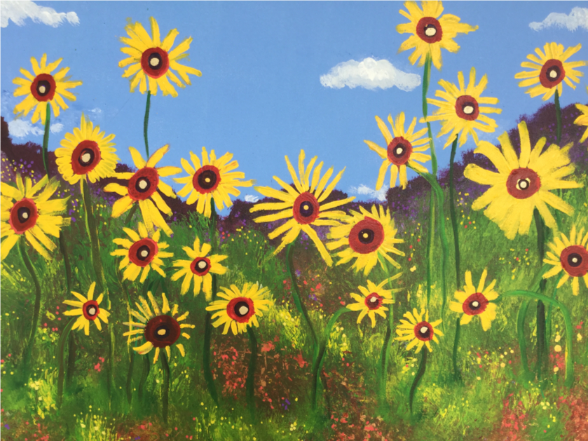 Painting of tall yellow flowers with dark centres growing in green grass under a blue sky with small white clouds.