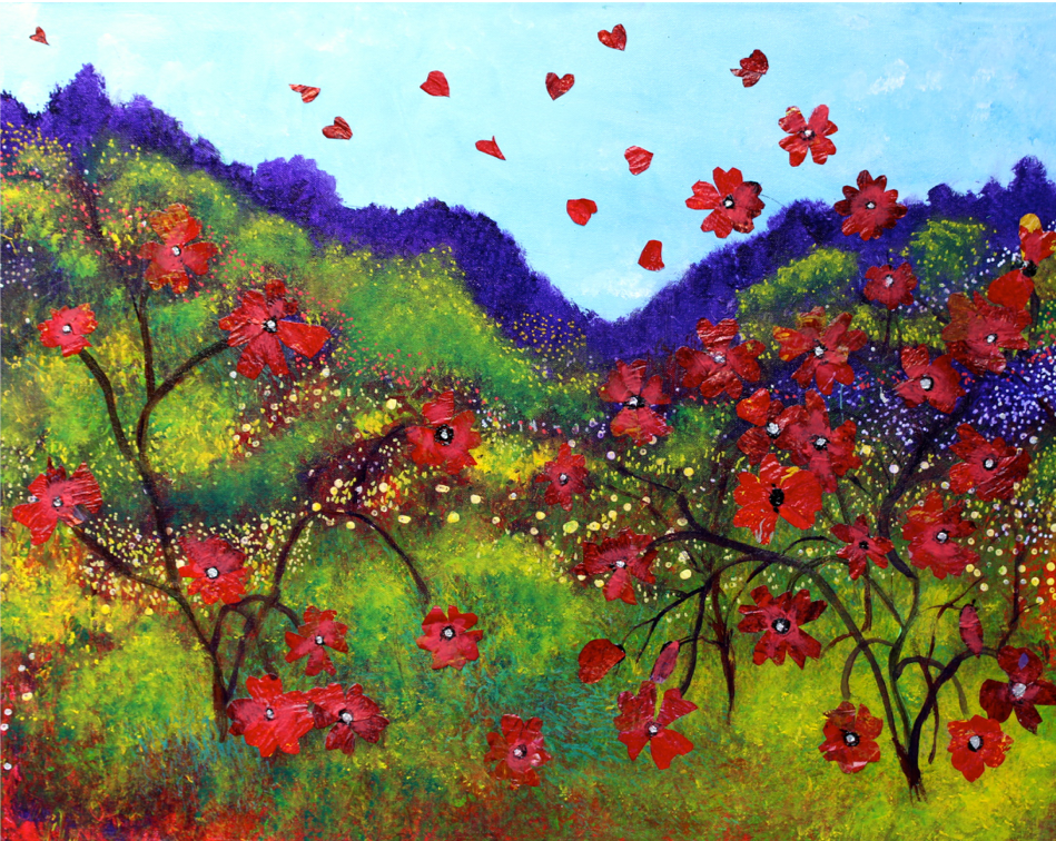 Painting of red flowers on branching stems across a green and purple landscape, with heart-shaped forms scattered in a blue sky