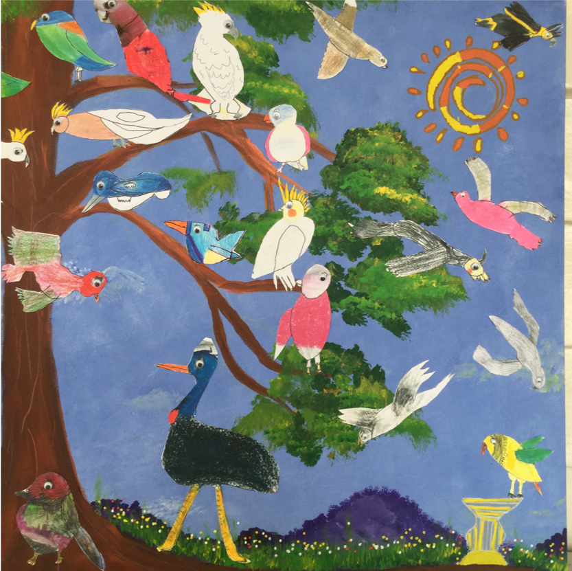 Painting of many birds in different colours perched on tree branches and flying against a blue background, with trees, hills and a sun symbol.