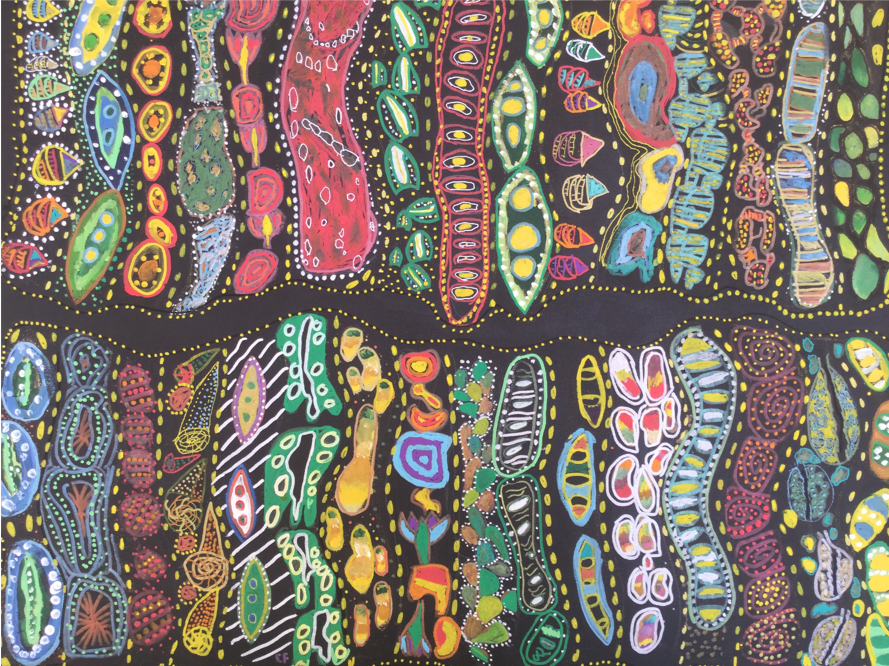 Abstract patterned artwork with rows of colourful shapes and dotted lines arranged horizontally on a black background.