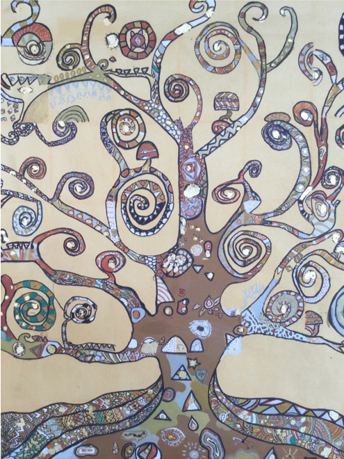Decorative artwork of a tree with a wide trunk and swirling patterned branches filled with geometric shapes on a neutral background.