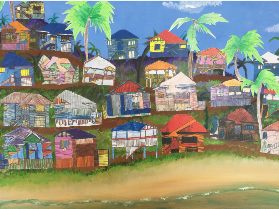 Painting of houses in various colours on a hillside with palm trees, overlooking a sandy beach and ocean.