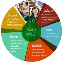 The image shows a circular “Model of Pedagogy” diagram made up of five coloured segments. The segments are labelled Respond, Activate, Evaluate, Focus, and Establish and include short supporting statements about feedback, prior knowledge, assessment, learner focus, and learning intentions. At the centre of the circle is the title “Model of Pedagogy”. Small background images of students appear behind parts of the diagram.